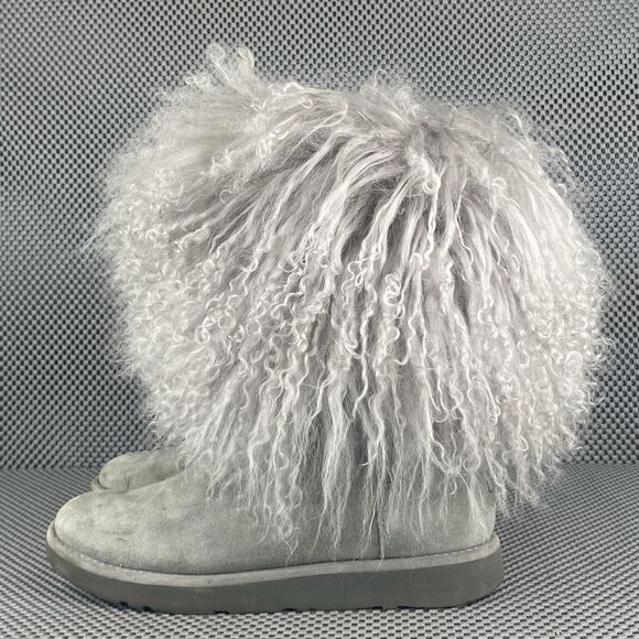 UGG Lida Mongolian Boots Womens Size 7 Gray Leather Sheepskin Rare 1017516 - Picture 2 of 12